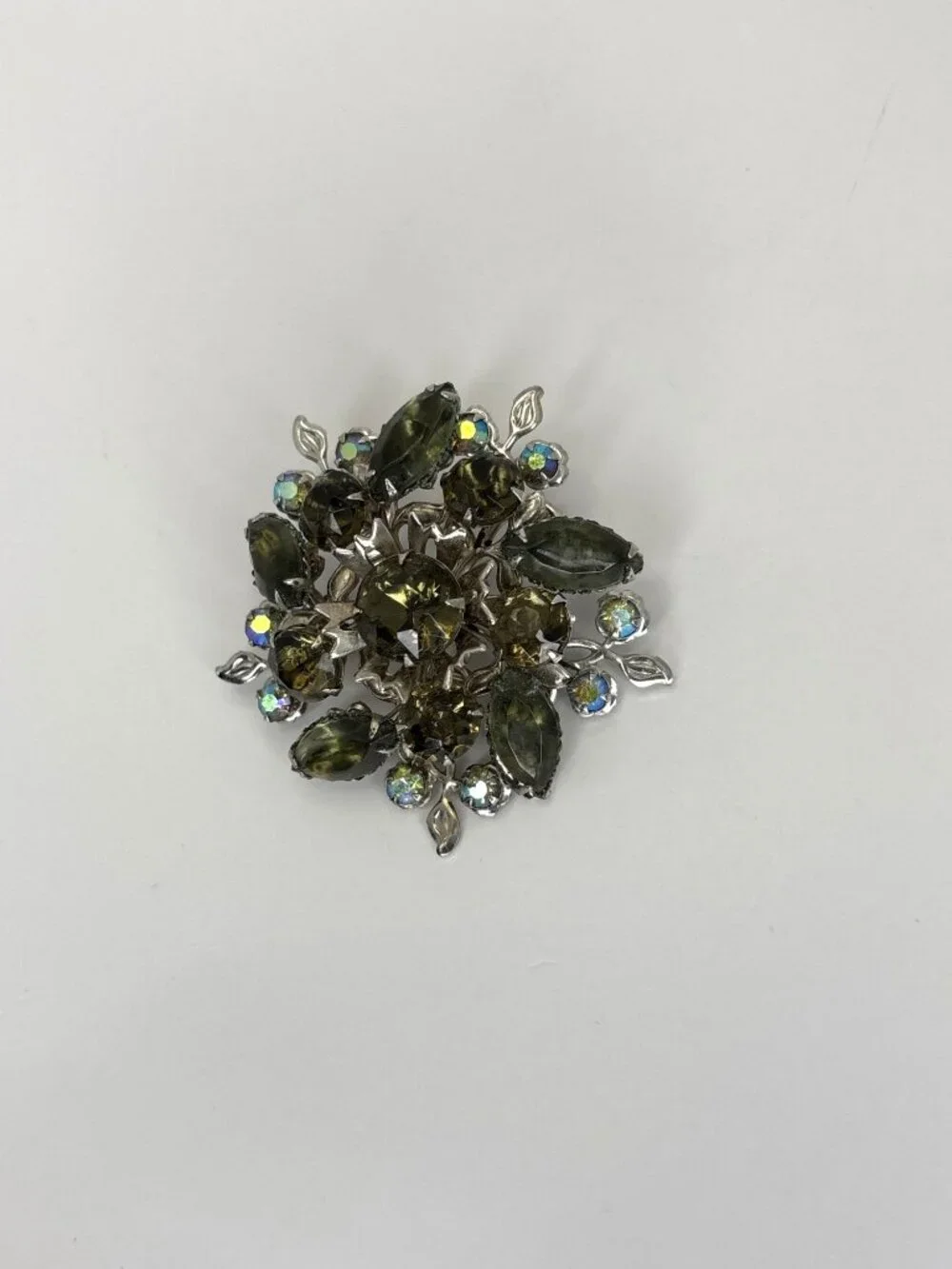 Vintage Mid Century Silver Tone Smoky AB Rhinestones Floral Sunburst Brooch Pin